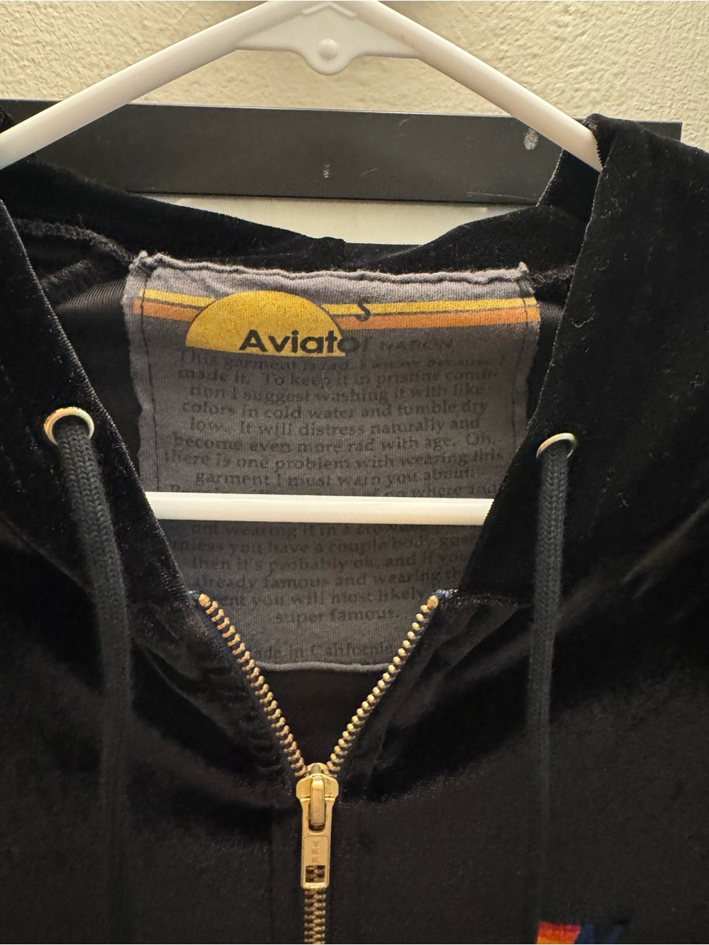 Aviator Nation Black Velour Hoodie with Gold Hardware and Rainbow Accent - Picture 3 of 5